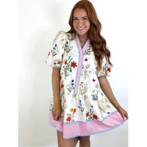 Floral Puff Sleeve Dress with Pink Hem